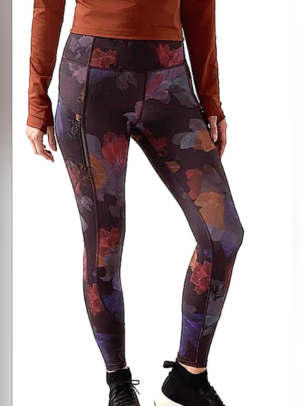 Athleta Black Leggings with Red and Purple Floral Print